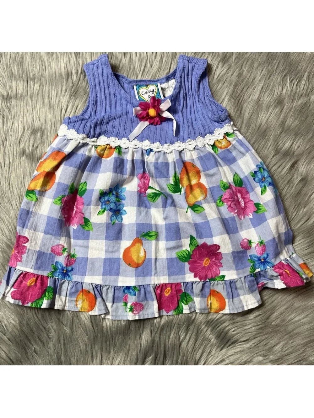 Vintage Baby Girls 90s Checkered Floral Fruit Dress